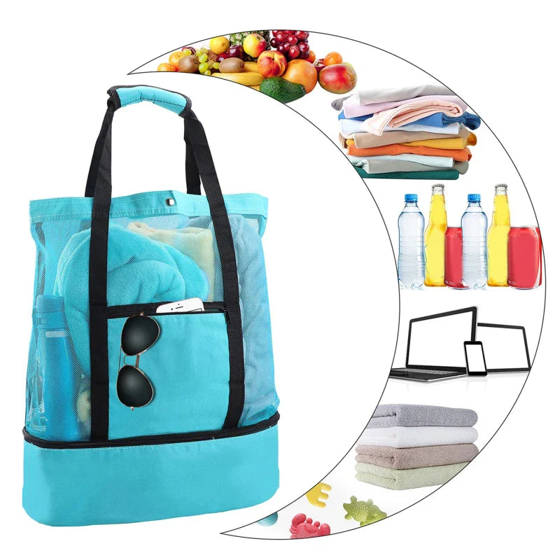 Breezora 2-in-1 Strandtasche | Mit Kühlfach & Netzbereich | Sandfrei & Wasserdicht | Ideal für Urlaub & Familienausflüge | Faltbar & Leicht