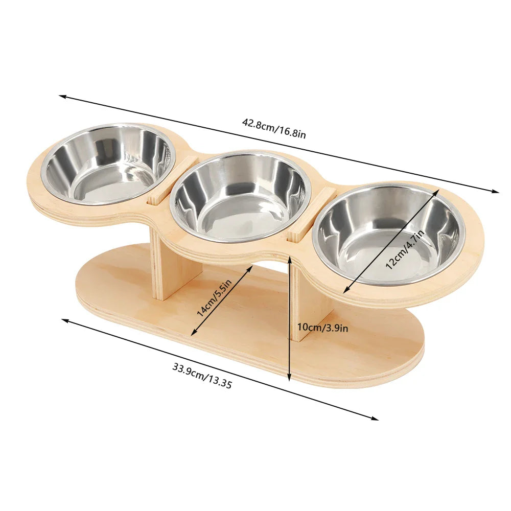 Petura | Erhöhtes Napf-Set für Katzen & kleine Hunde | 3 Edelstahlnäpfe mit Holzhalterung | Ergonomisch, hygienisch & stilvoll