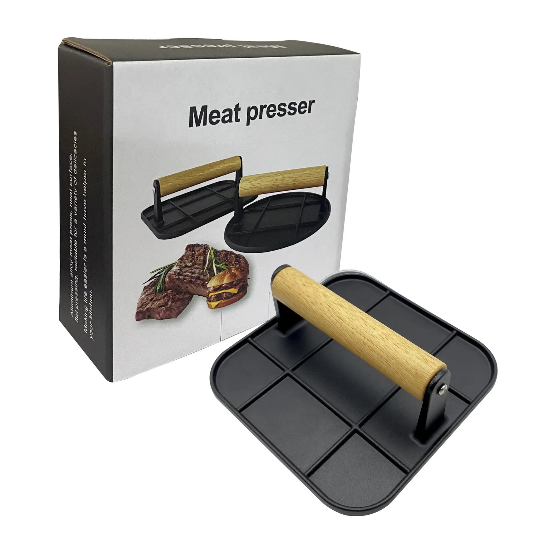 GrillCraft Burgerpresse | Runde & Quadratische Form | Antihaft | Eichenholzgriff