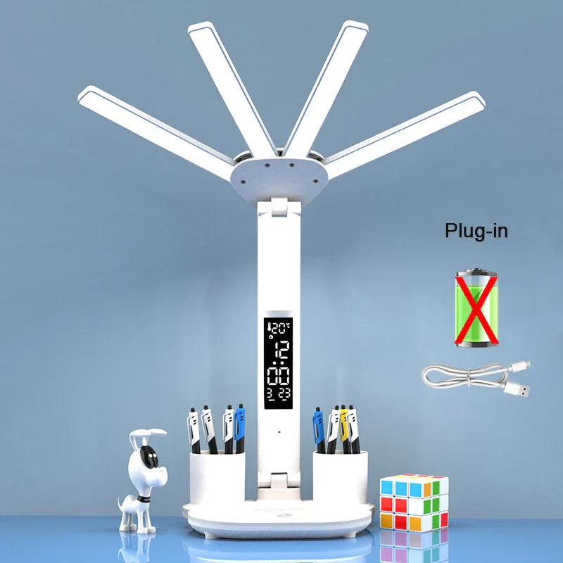 AuraFlex | LED-Tischlampe mit Ventilator | 3-in-1 Design | Touch-Steuerung & USB-Akku