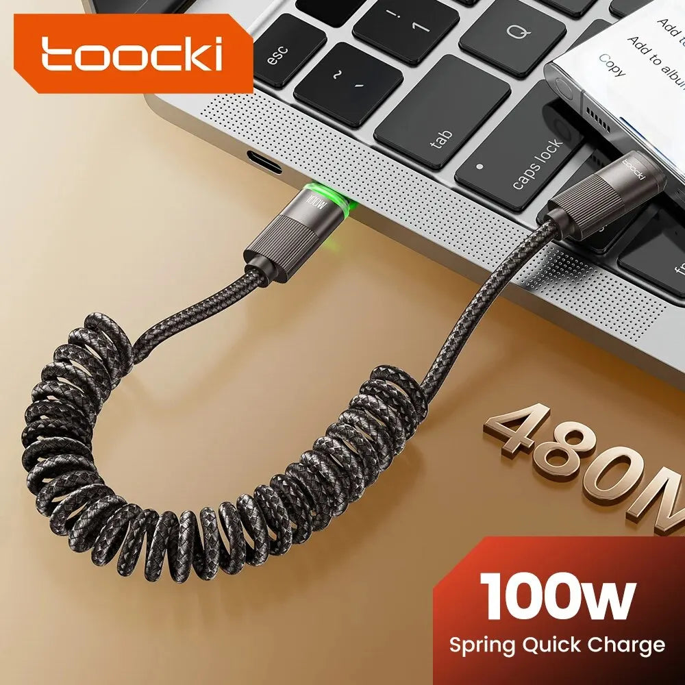 PowerLinx USB-C Kabel | 100W Schnellladen | Spiralkabel mit LED | 1,8m Dehnbar & Robust