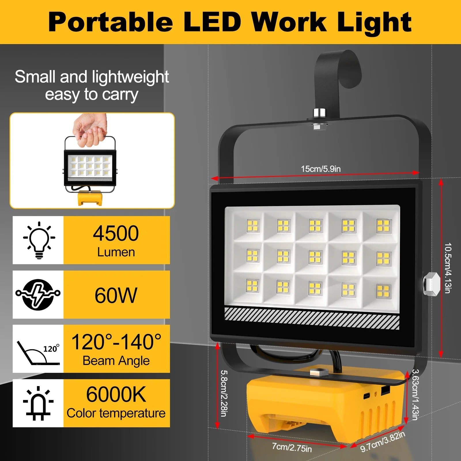 LumaWork | LED Arbeitsleuchte | 60W | 6000 Lumen | USB & Type-C Ladeanschluss