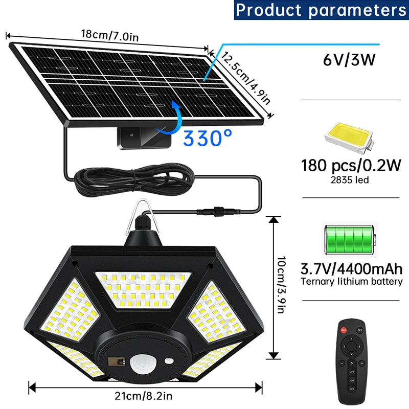 Solarion LuminaGlow Solar-Pendelleuchte | 180 LEDs | 5 Modi | IP65 Wasserdicht