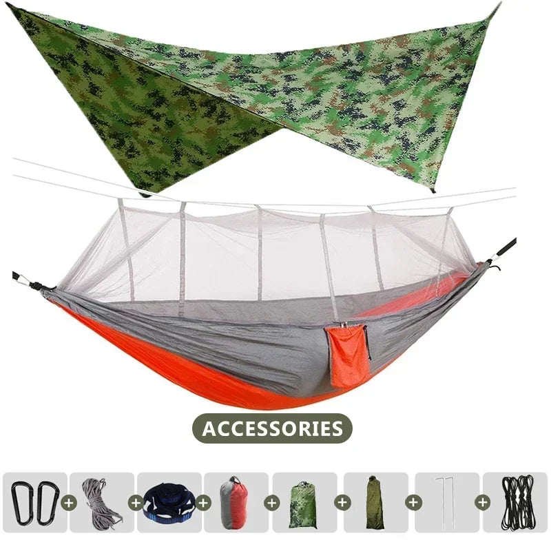 OutlandEase | Doppel-Hängematte mit Moskitonetz & Regendach | Ultraleicht & Kompakt für Camping & Reisen