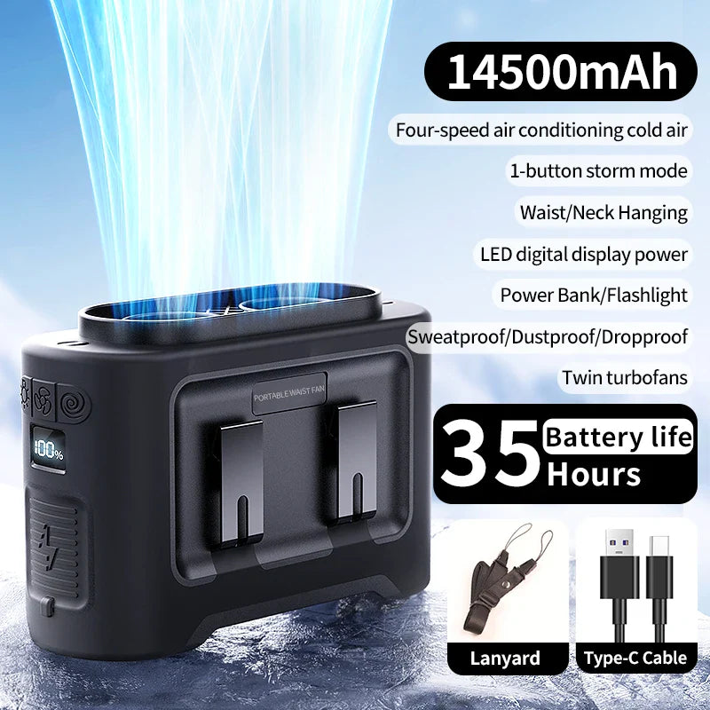 WindFlex | Tragbarer Ventilator mit Powerbank | 5 Windmodi & LED-Licht
