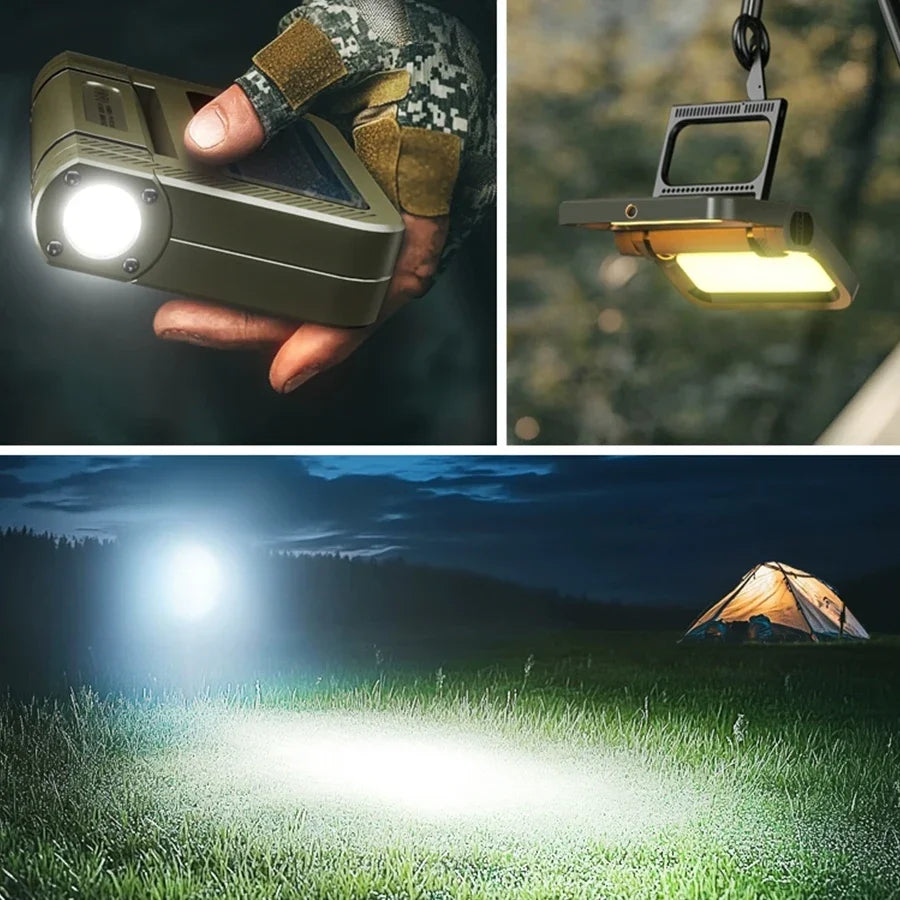 LumiPro | LED-Campinglampe | 2000 Lumen Flutlicht | Solar & USB-C Ladeoptionen