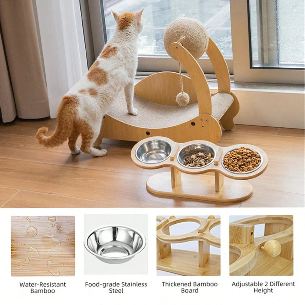 Petura | Erhöhtes Napf-Set für Katzen & kleine Hunde | 3 Edelstahlnäpfe mit Holzhalterung | Ergonomisch, hygienisch & stilvoll