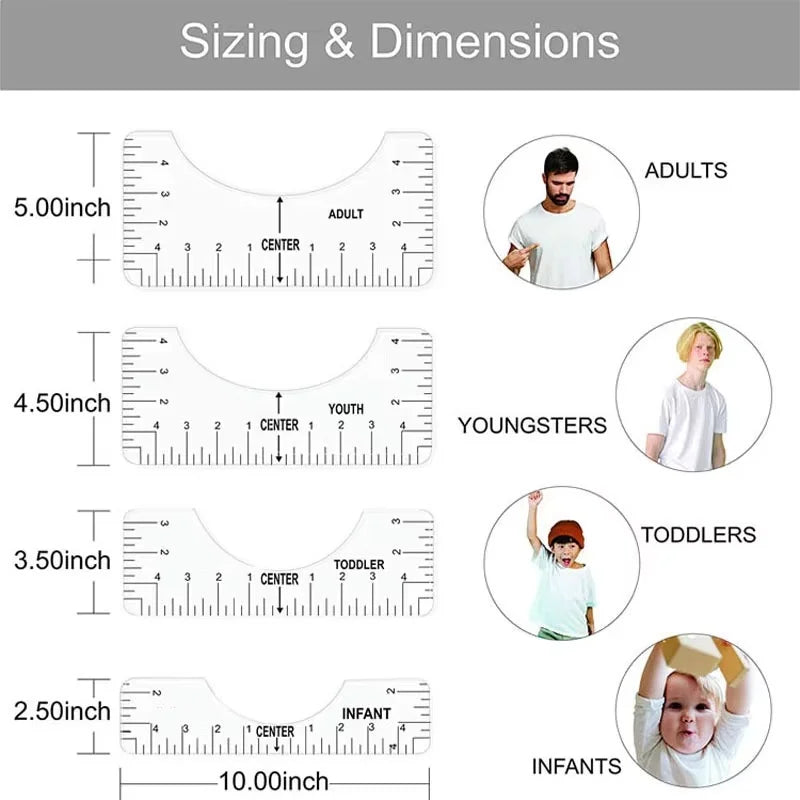 FlexiAlign | T-Shirt Ausrichtungslineale Set | Flexibles PVC | 4 Größen für Alle Altersgruppen