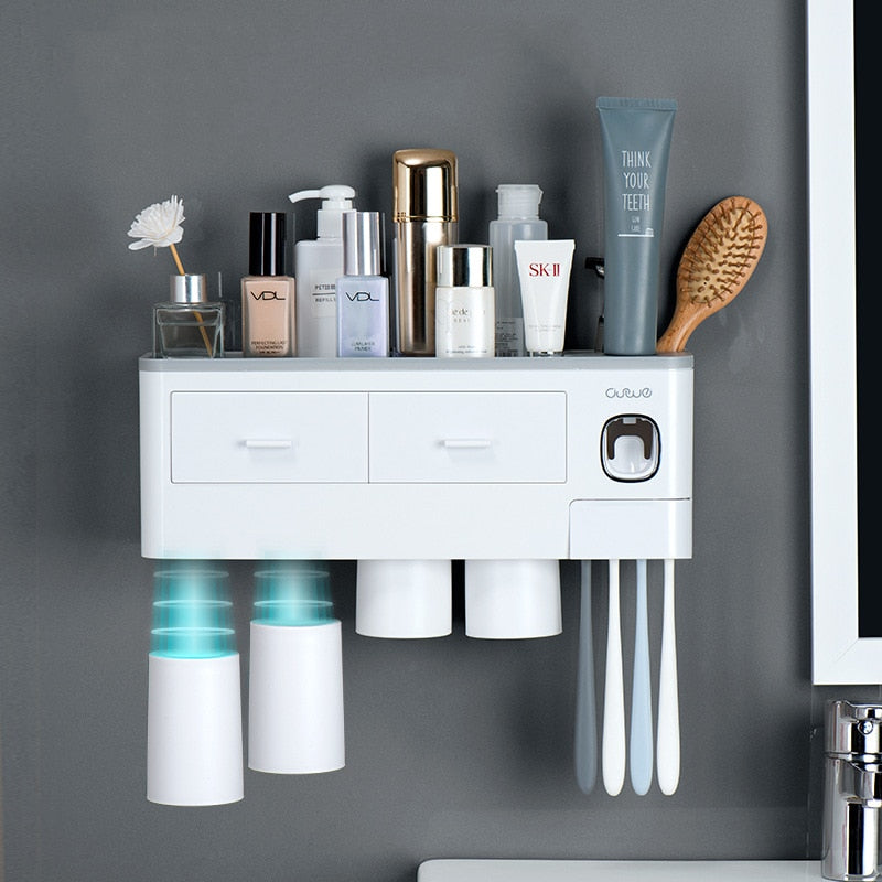 BathEase Organizer | Badezimmer-Organizer mit Zahnpasta-Spender | Stilvoll & Praktisch | Kein Bohren erforderlich