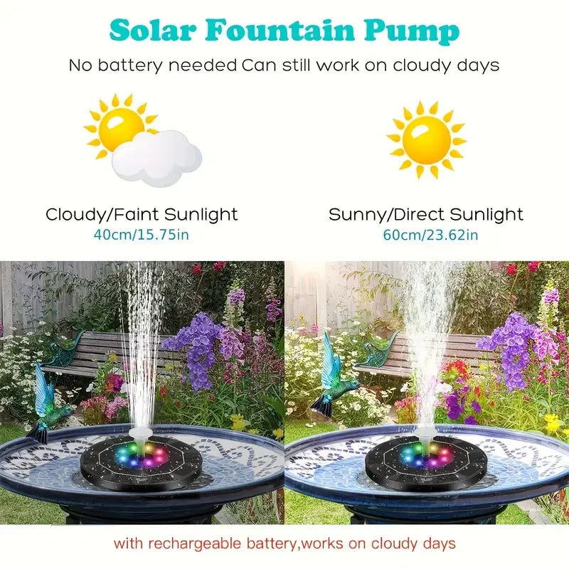 AquaGlow | Solar-Wasserbrunnen mit RGB LED | 6 Düsenaufsätze | 3.5W Solarpanel