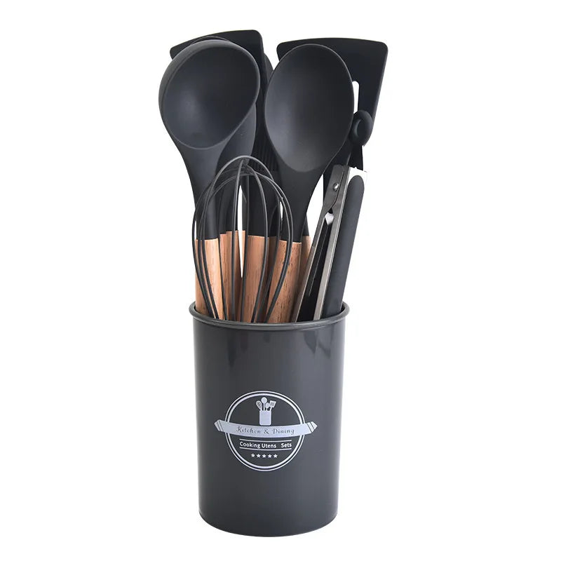 Mistrano | Küchenhelfer-Set | Silikon, Holzgriff, 12-teilig | Für Kochen, Braten & Servieren