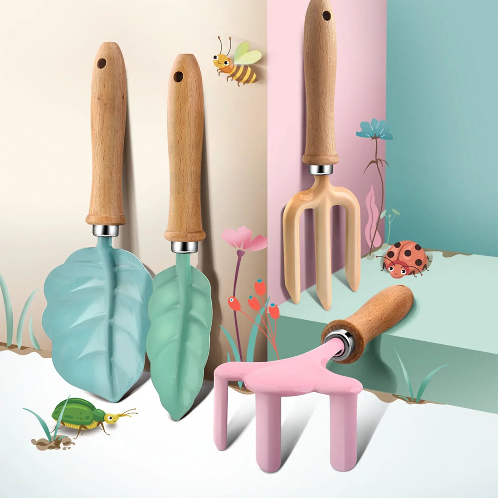 GardenJoy Little Gardener Kit | Buntes Gartenset für Kinder | Mit Buchenholzgriffen & Stabilen Werkzeugen