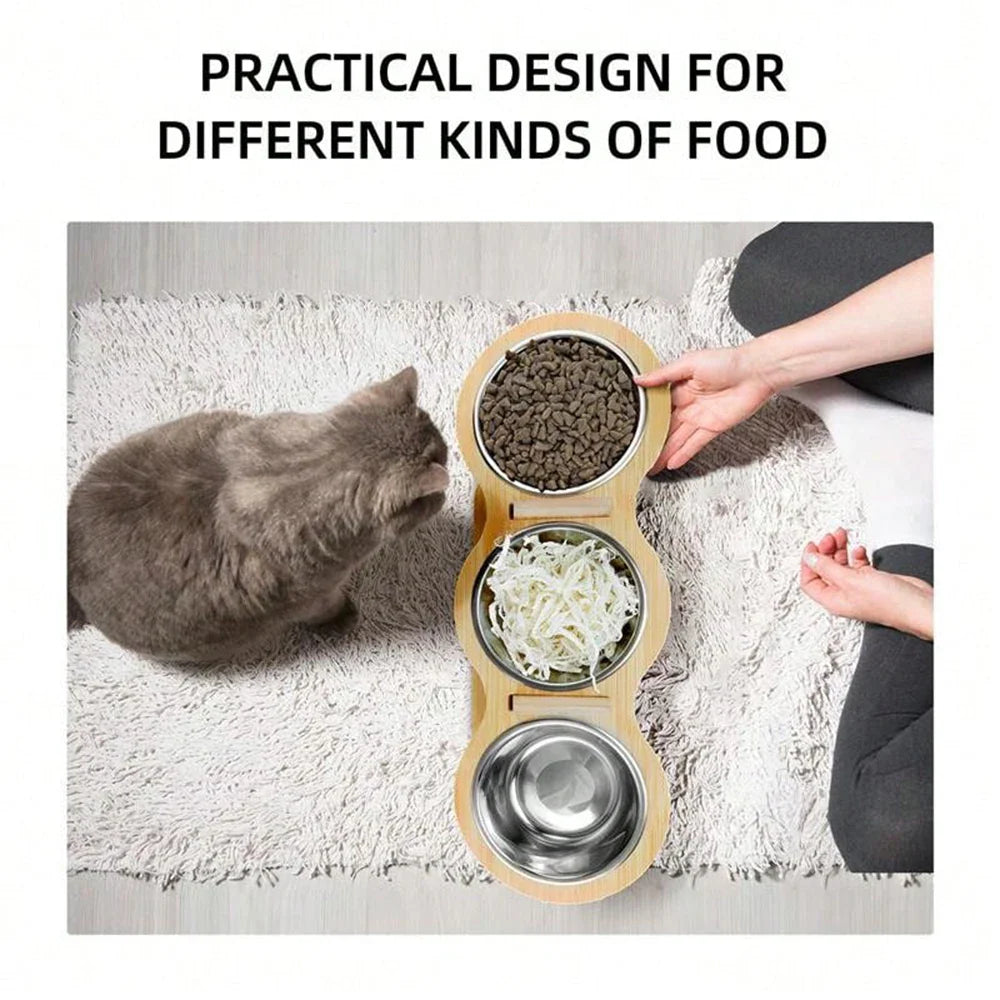 Petura | Erhöhtes Napf-Set für Katzen & kleine Hunde | 3 Edelstahlnäpfe mit Holzhalterung | Ergonomisch, hygienisch & stilvoll
