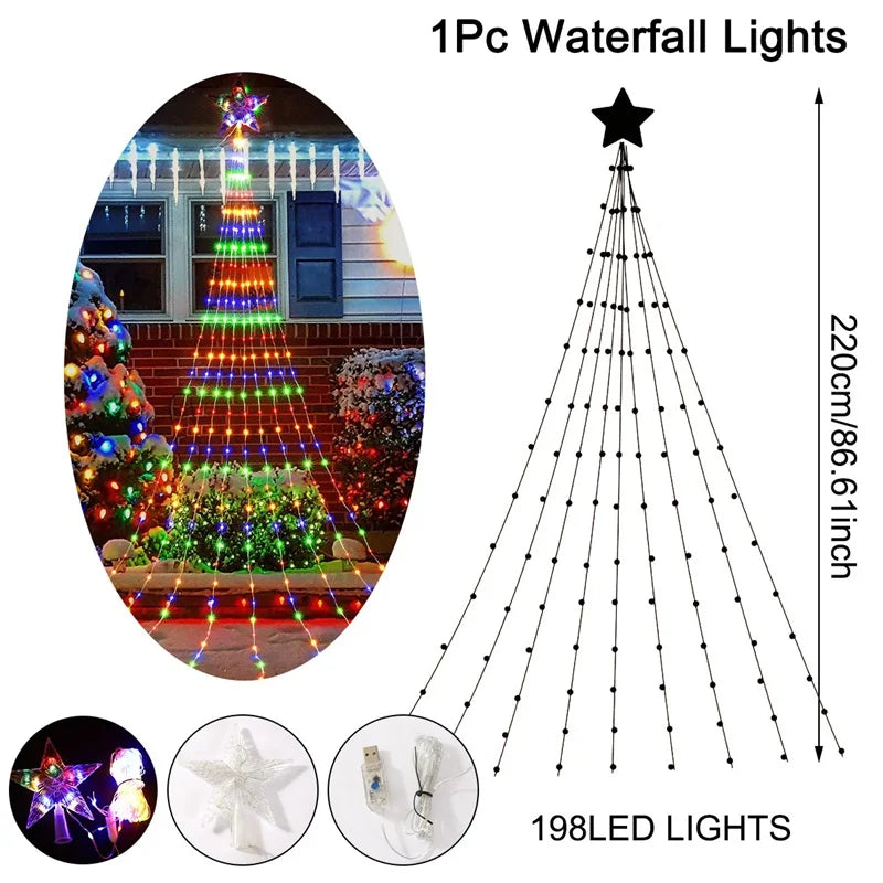 LED Stern Wasserfall StellaCascade | 198 LEDs | 2,2 m | Warmweiß / Weiß / Mehrfarbig | USB- und Batteriebetrieben | Weihnachts- & Silvesterdekoration