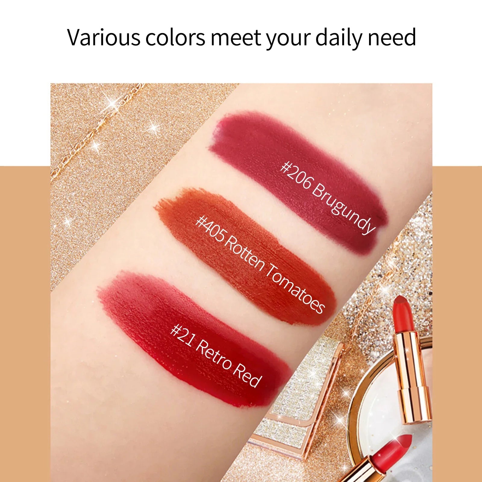 LuxeLips Trio | Mattes Lippenstift-Set | Wasserfest & Langhaftend | Mit Silber-Kettentasche