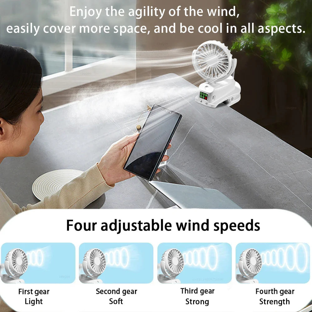MistCool Mini-Sprühventilator | 4 Windstufen | Sprühnebel & Lüftung | USB & Clip
