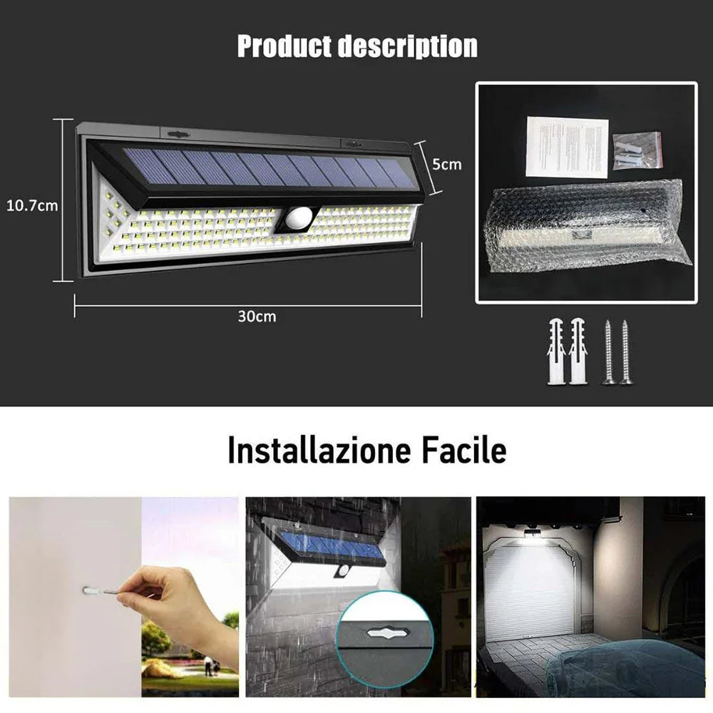 BrightShield 102 LED Solarleuchte | 3 Modi | Bewegungssensor | Wetterfest | Für Garten & Einfahrt