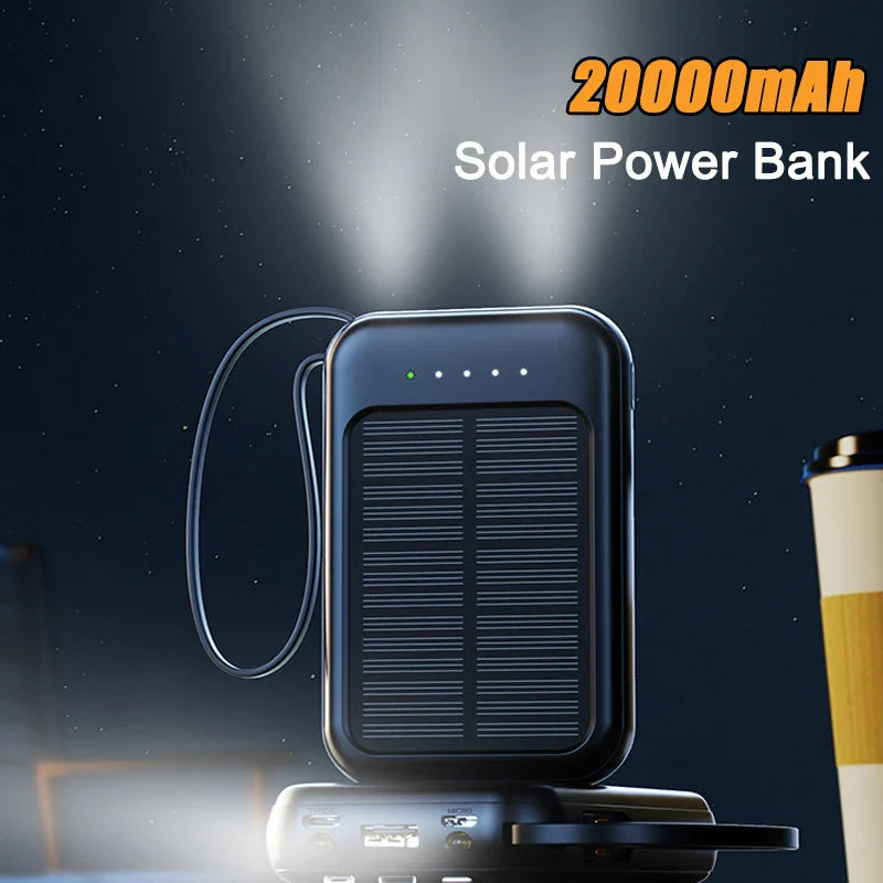 PowerVolt Max 20K | Solarbetriebene Powerbank | 4 Ladekabel integriert | LED-Taschenlampe