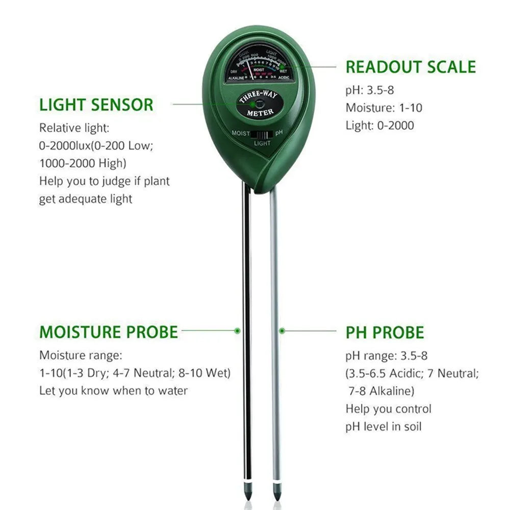 PlantSense 3-in-1 Bodenmessgerät | Feuchtigkeit, pH-Wert & Licht | Ohne Batterien