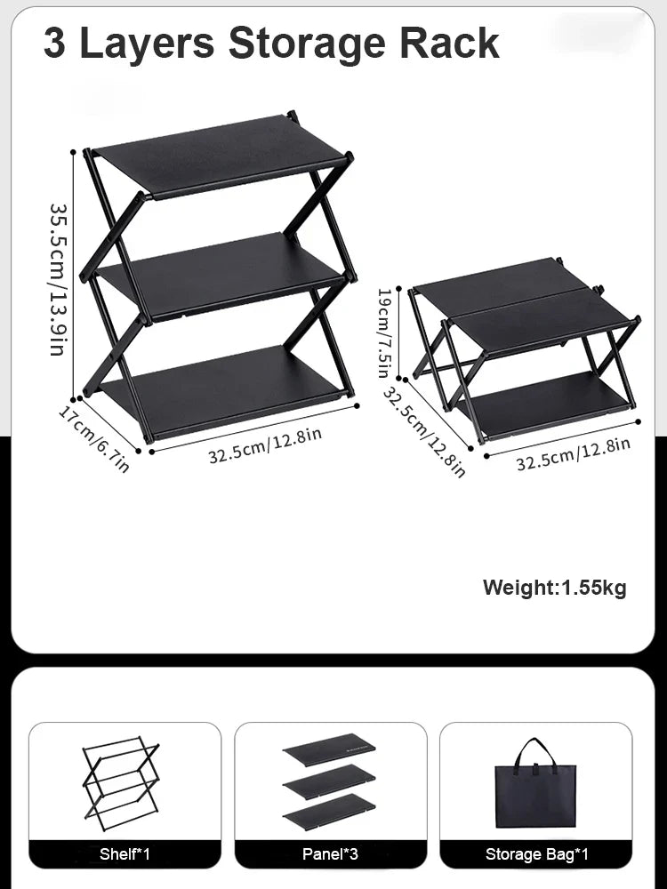 OutdoRack CampRack Faltregal | 3 Ebenen | Tragbar & Kompakt | Kohlenstoffstahl | Für Camping & Grillen