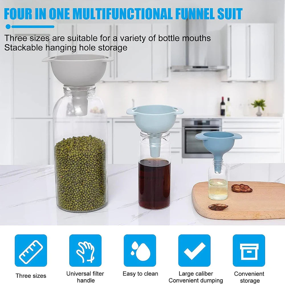 Elvoma FunnelSet 4in1 | Trichter-Set mit Siebfilter | BPA-frei & stapelbar | Für Öl, Saft, Pulver & Gewürze | Skandinavisches Design