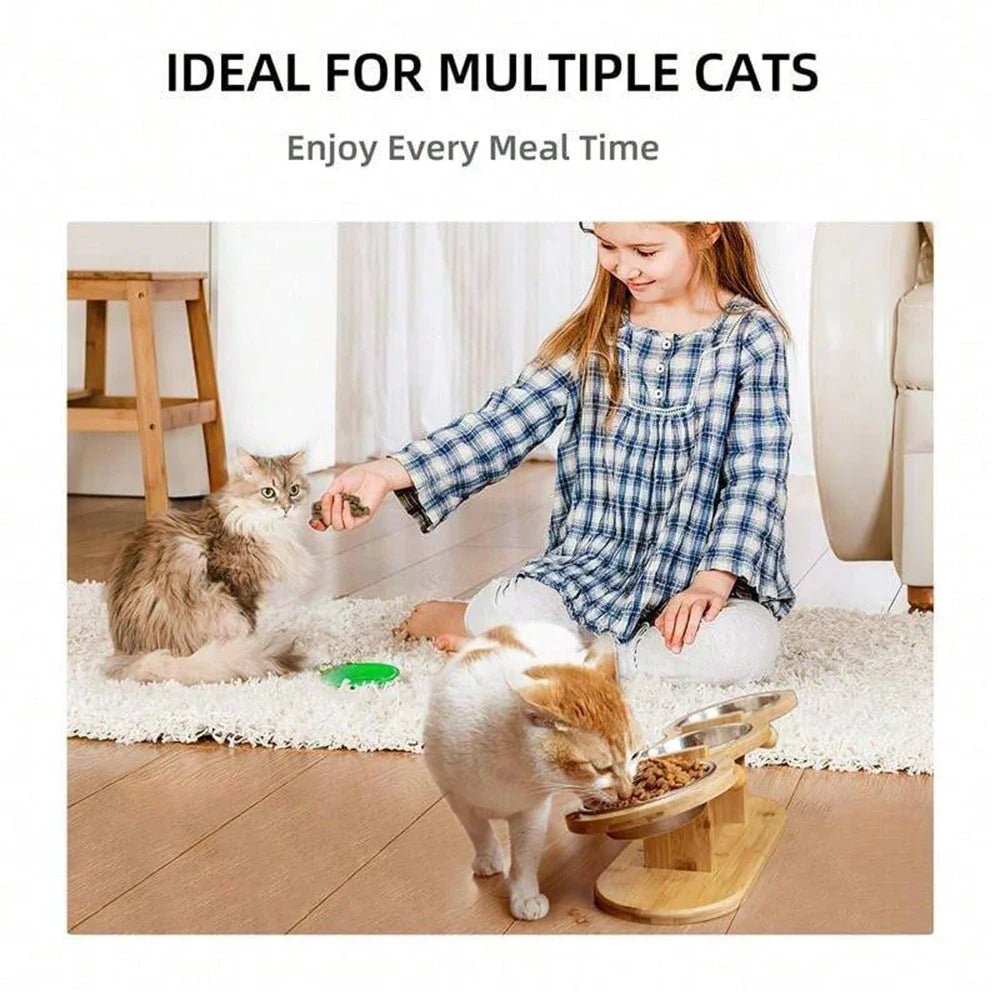 Petura | Erhöhtes Napf-Set für Katzen & kleine Hunde | 3 Edelstahlnäpfe mit Holzhalterung | Ergonomisch, hygienisch & stilvoll