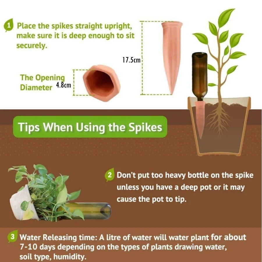 PlanturaFlow | Selbstbewässerungsspikes | Terrakotta, konstante Feuchtigkeitsabgabe & einfache Anwendung | Pflanzenpflege drinnen & draußen