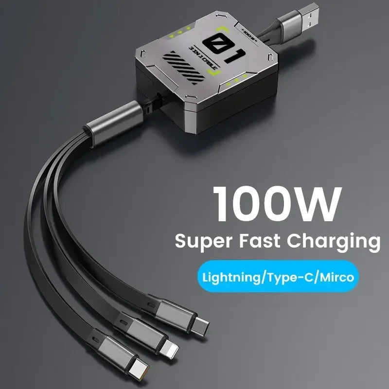 TriConnect Ladekabel | 3-in-1 & Ausziehbar | 100W Schnellladung | Für iPhone & Android