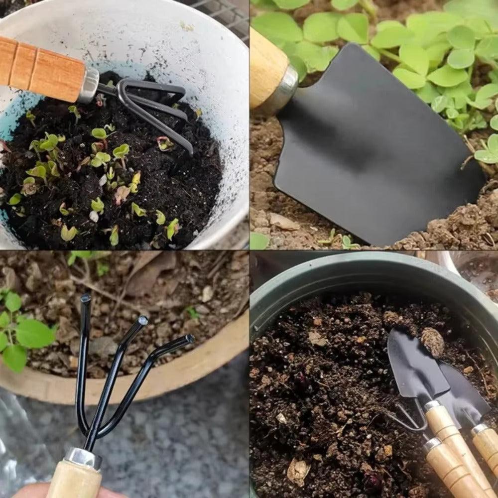 Plantoro Mini-Gartenset | 3-teilig | Holz & Eisen | Für Topfpflanzen & Hochbeete