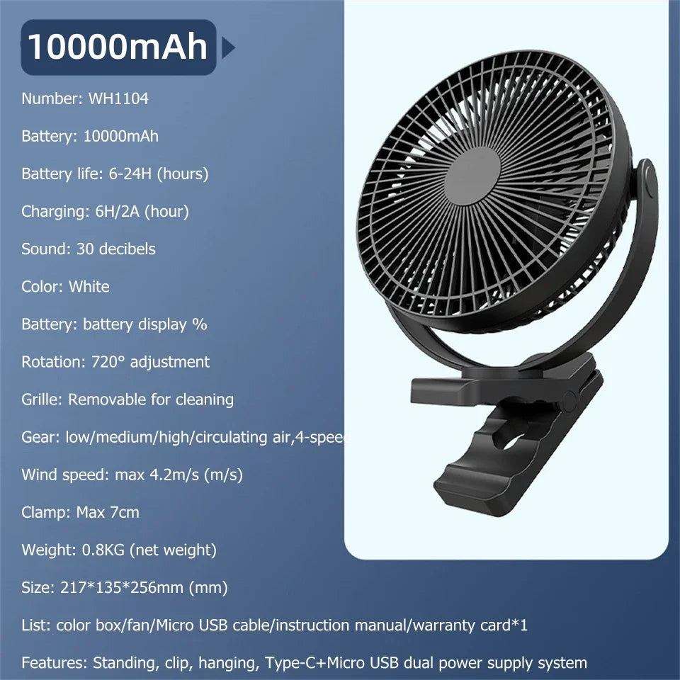 AerisClip Akku-Ventilator | 360° Rotation | 10000mAh | Mit Clip & USB-C