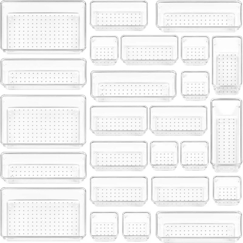 Clearyx Organizer Set | 18-teilig Transparent | Modular & Stapelbar | Für Bad, Küche & Büro