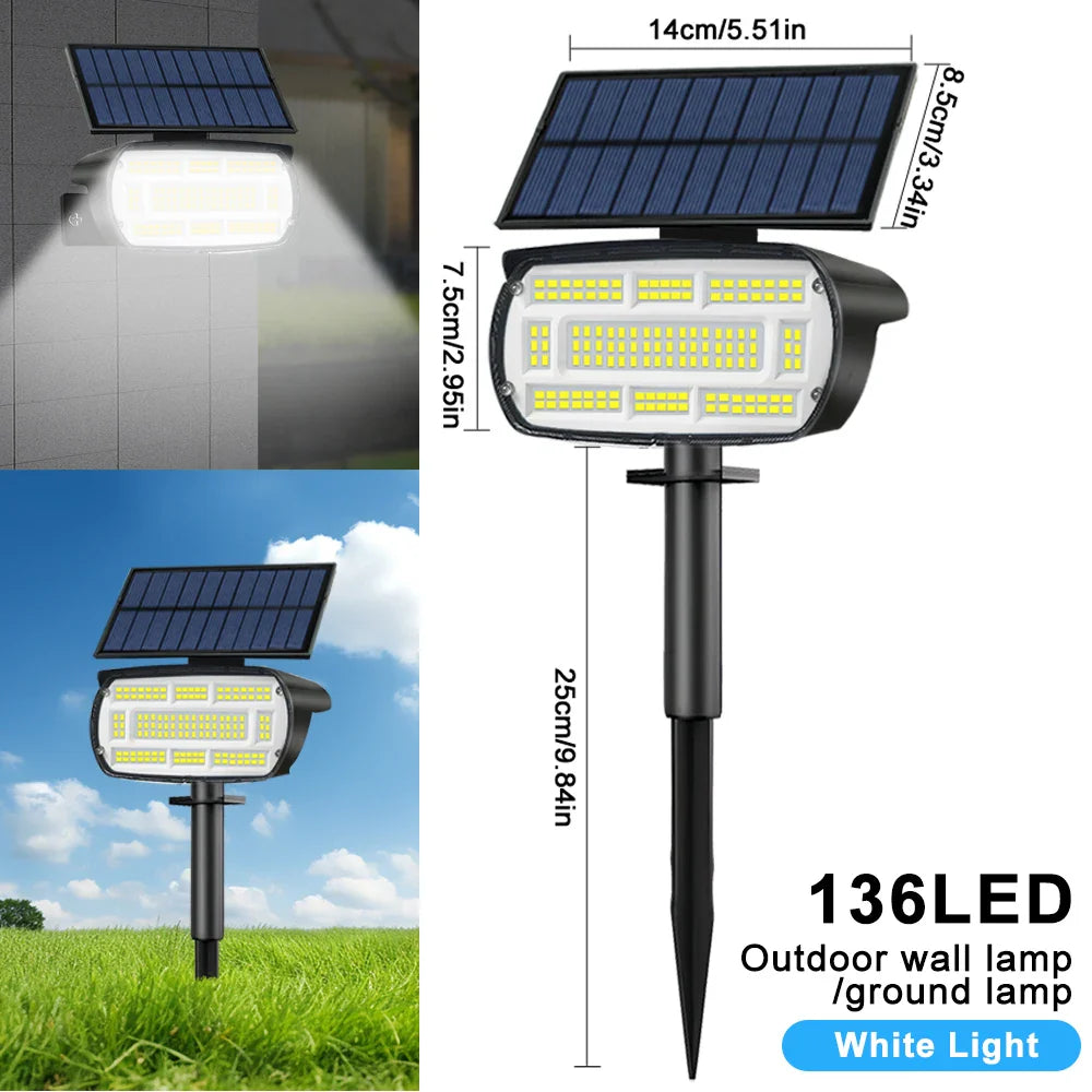 Solantra Solarstrahler | 136 LEDs mit 3 Lichtmodi | IP65 Wetterfest & Solarbetrieben | Für Garten, Einfahrt & Wand
