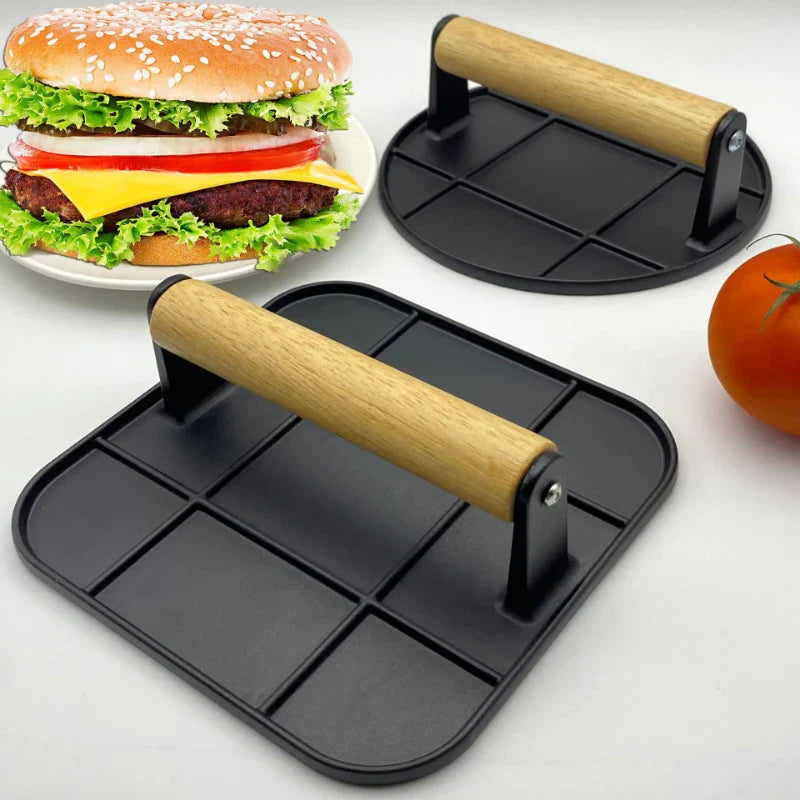 GrillCraft Burgerpresse | Runde & Quadratische Form | Antihaft | Eichenholzgriff