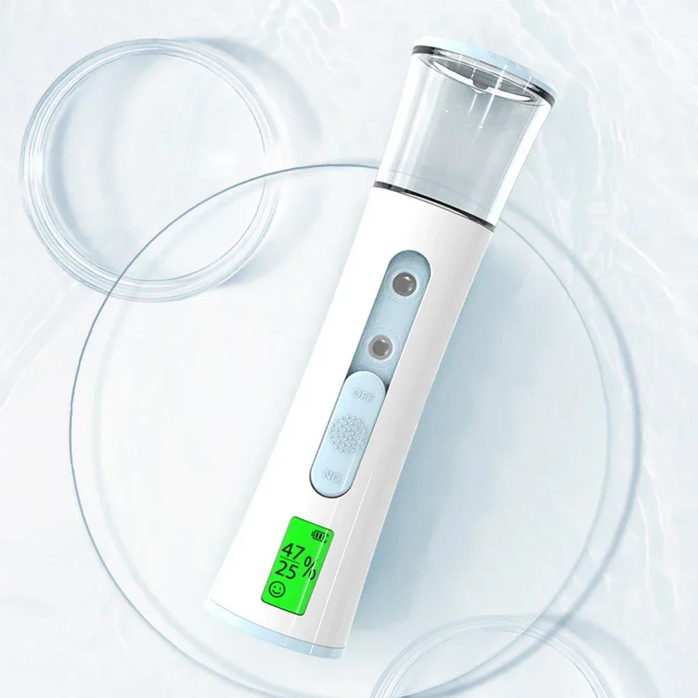 HydraGlow PocketMist | Tragbarer Nano-Hautbefeuchter | Feuchtigkeitstester & ultrafeiner Sprühnebel | Für sofortige Hautfrische unterwegs