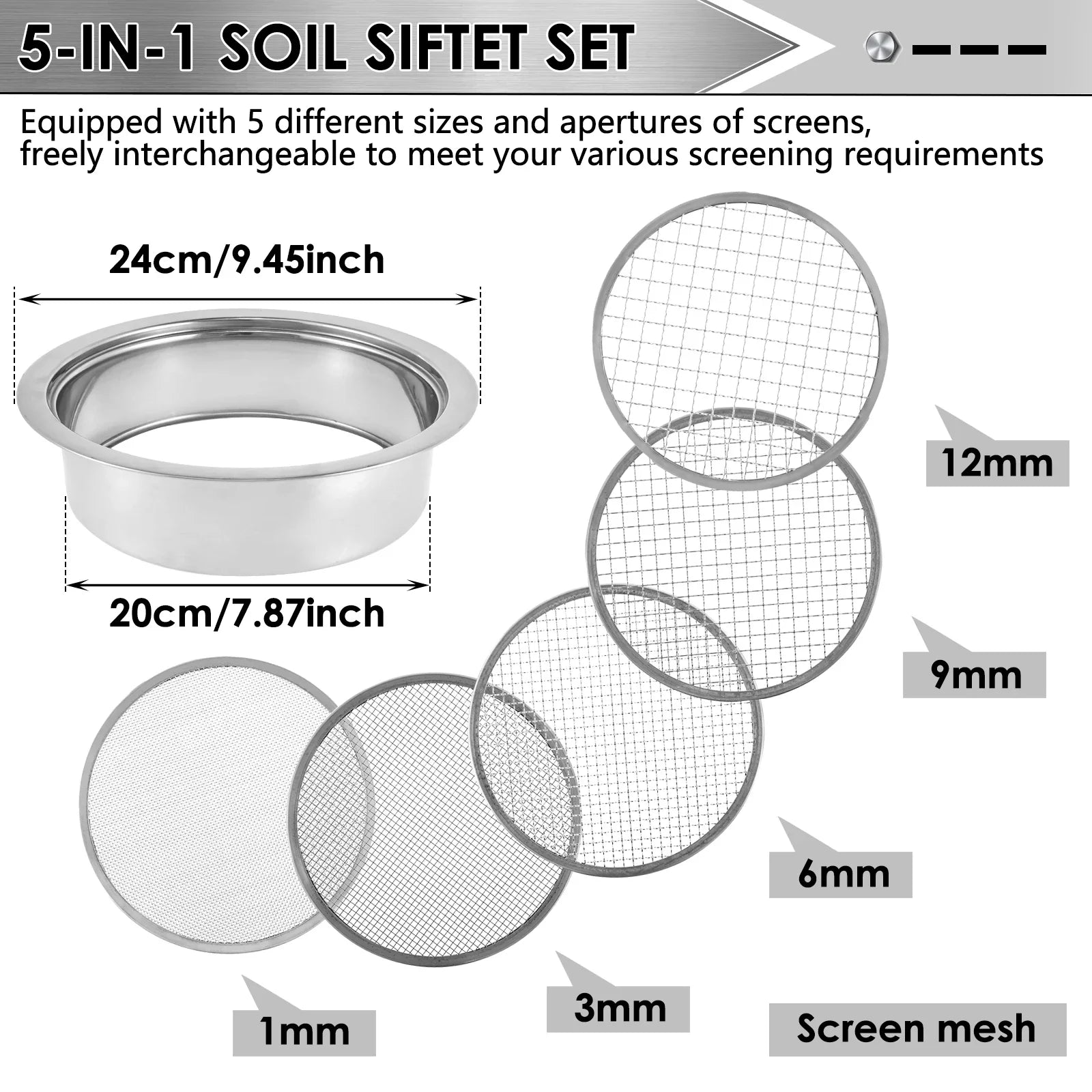 SoilPro SiftSet | 5-teiliges Bodensieb-Set | Edelstahl | Für Erde, Kompost & Sand | Verschiedene Siebgrößen