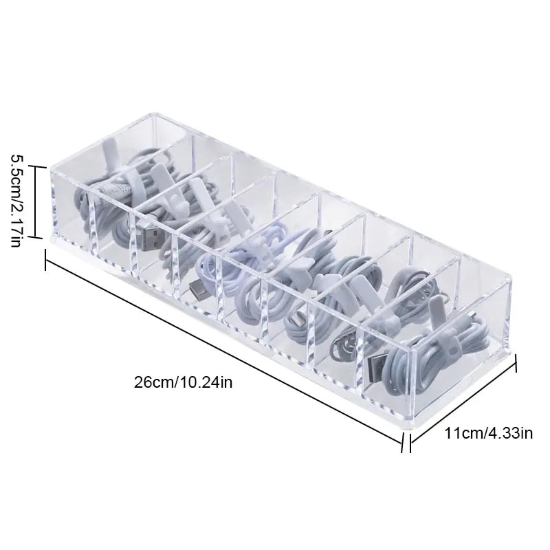 TechSort | Kabelorganizer 7-Fach | Transparentes Design für Ladekabel & Zubehör | 26×5,5×11 cm