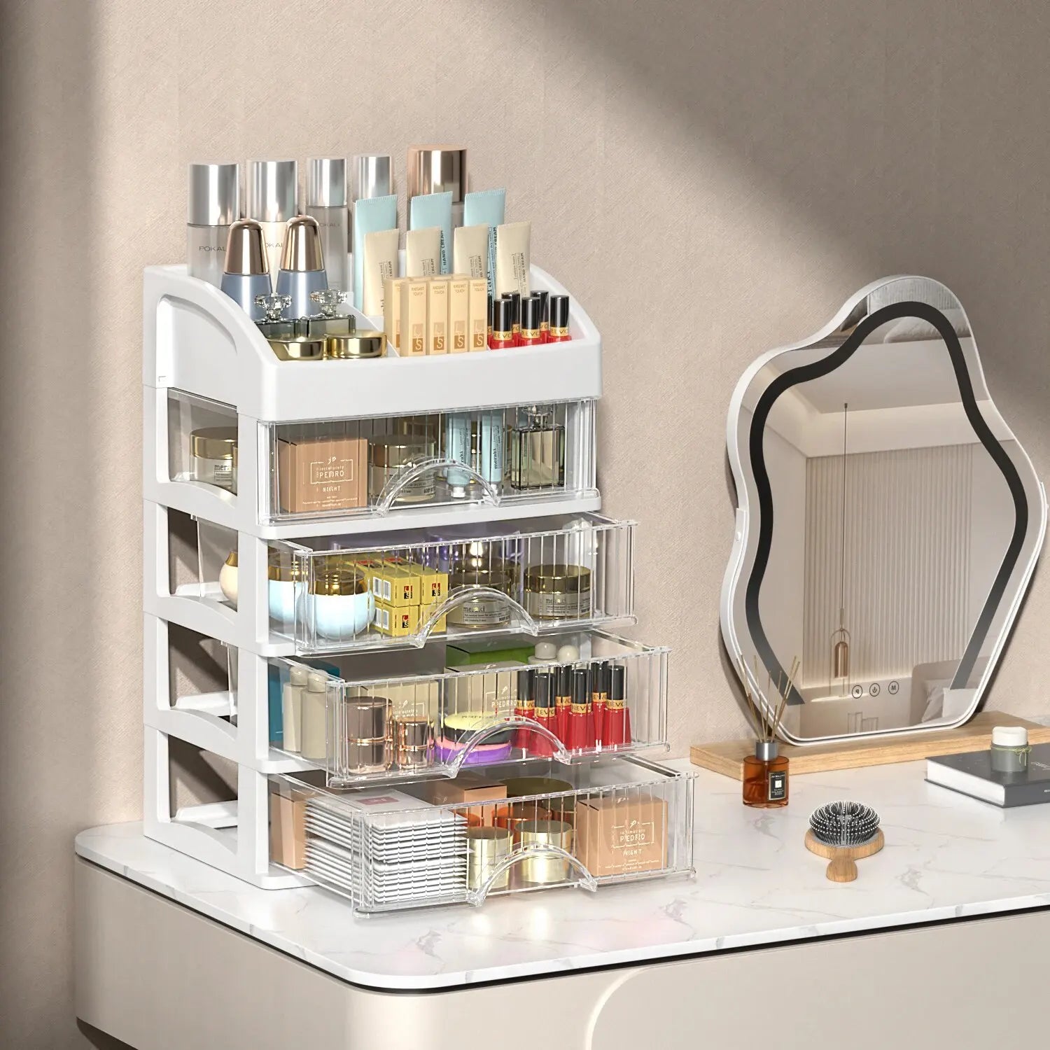 Orglina BeautyBox | Kosmetik Organizer mit 4 Etagen | Stilvoll & Platzsparend | Rosa oder Weiß