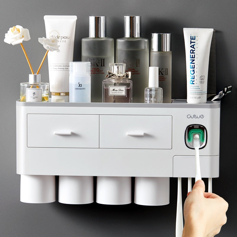 BathEase Organizer | Badezimmer-Organizer mit Zahnpasta-Spender | Stilvoll & Praktisch | Kein Bohren erforderlich
