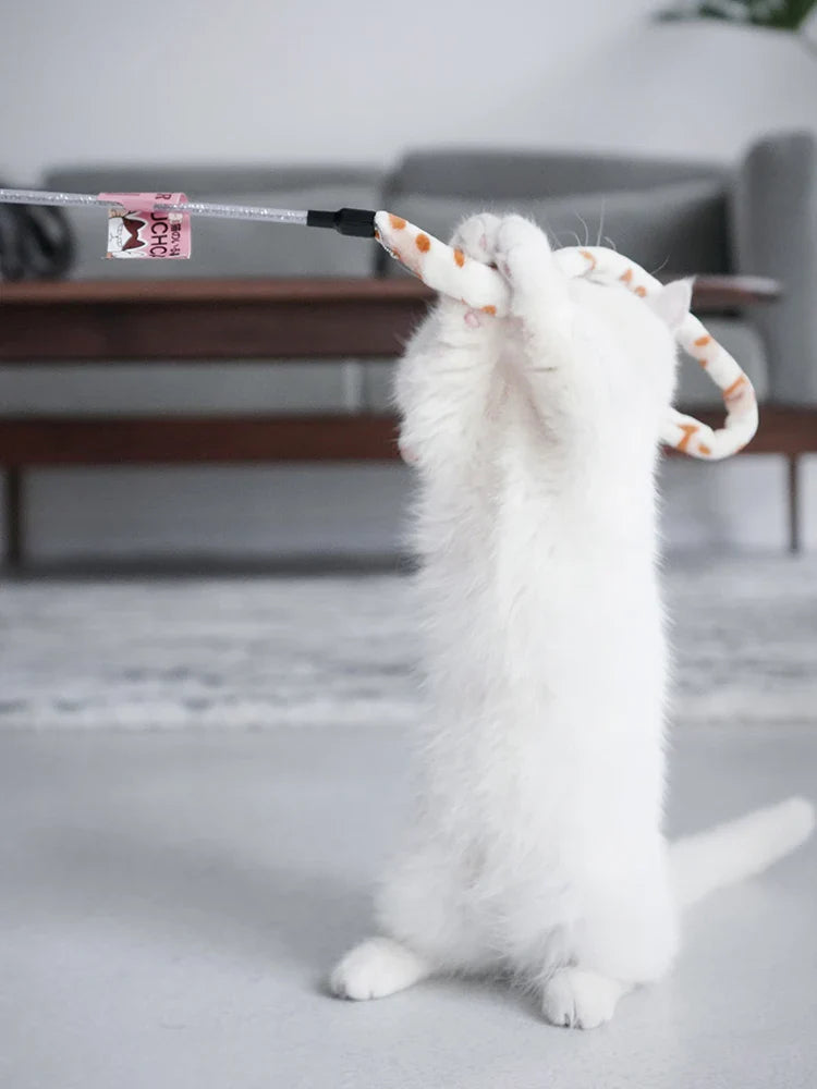 PurrFun | Katzenspielzeug mit Raupen-Design | Bissfest, Flanellstruktur & langer Spielstab | Interaktives Training & Jagdspaß
