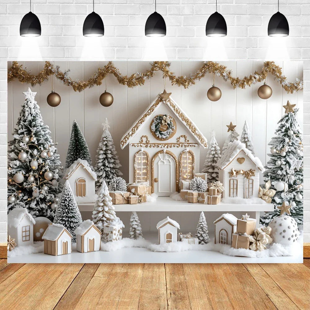 Holvinea | Weihnachts-Fotohintergrund | Miniatur Weihnachtshaus und Baum | Familien- & Kinderportrait-Dekor | Vinyl/Polyester/Velours | 300×200 cm