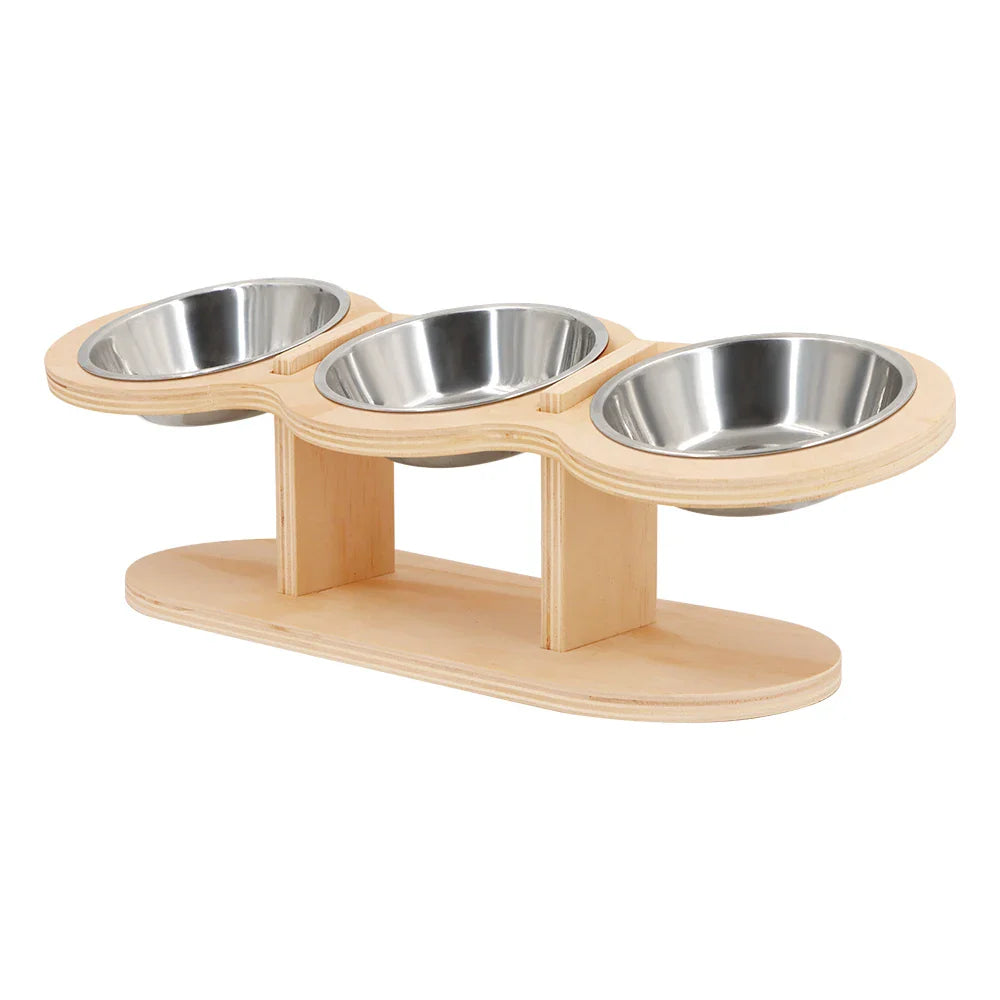 Petura | Erhöhtes Napf-Set für Katzen & kleine Hunde | 3 Edelstahlnäpfe mit Holzhalterung | Ergonomisch, hygienisch & stilvoll