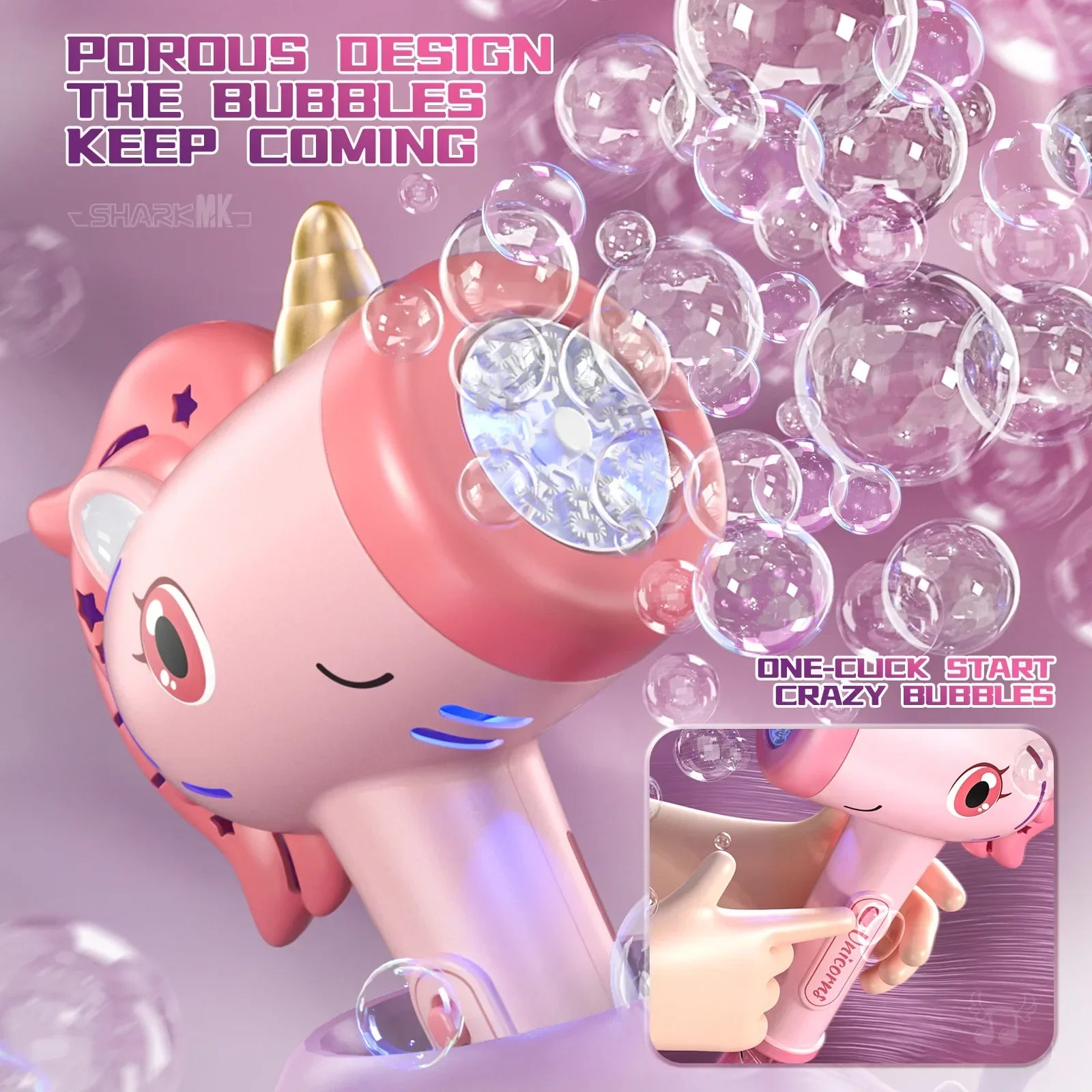 BubbleStar | Automatischer Seifenblasenstab | Mit LED-Lichtern | Unicorn Design