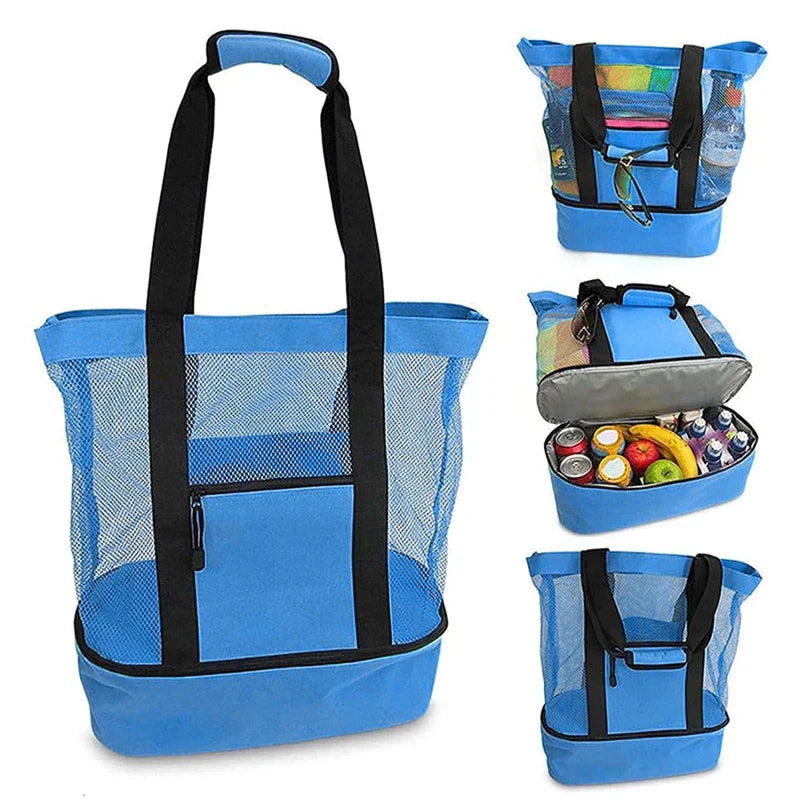 Breezora 2-in-1 Strandtasche | Mit Kühlfach & Netzbereich | Sandfrei & Wasserdicht | Ideal für Urlaub & Familienausflüge | Faltbar & Leicht