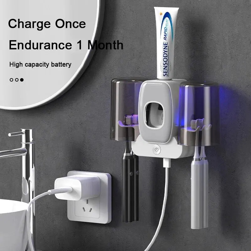Steriluva UV-Halter | Zahnbürsten-Sterilisation Für Die Ganze Familie | Automatischer Spender | USB-Ladung | Wandmontage Ohne Bohren