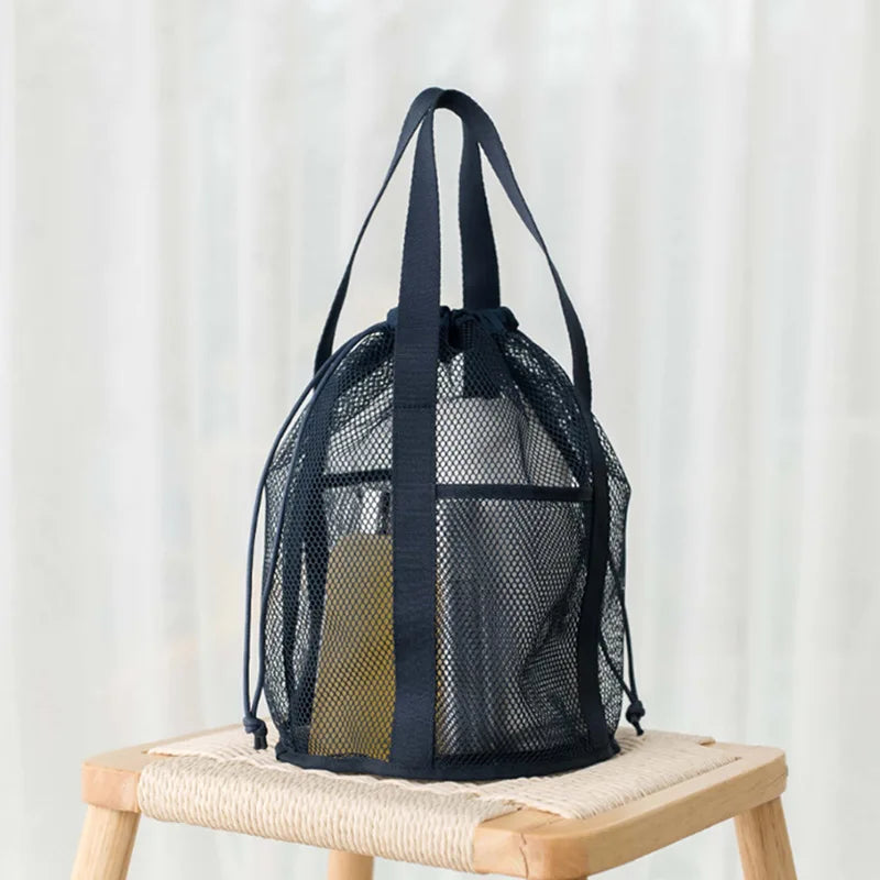 PackaNet MeshBag Kosmetiktasche mit Kordelzug | Großes Volumen & Faltbar | Atmungsaktives Nylon-Netz | Dunkelblau