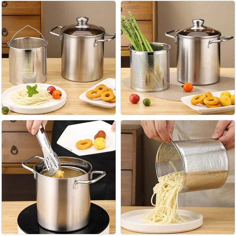FryPro Deluxe | Edelstahl Frittier-Topf | 3L Fassungsvermögen | Mit Frittierkorb & Zange