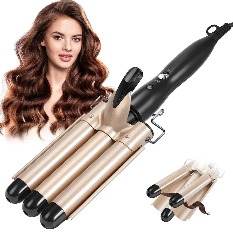 NovaWaves | 3-Zylinder Lockenstab | Ionen-Technologie, Schnellaufheizung, Dualspannung | Für glamouröse Beach-Waves & Styling unterwegs