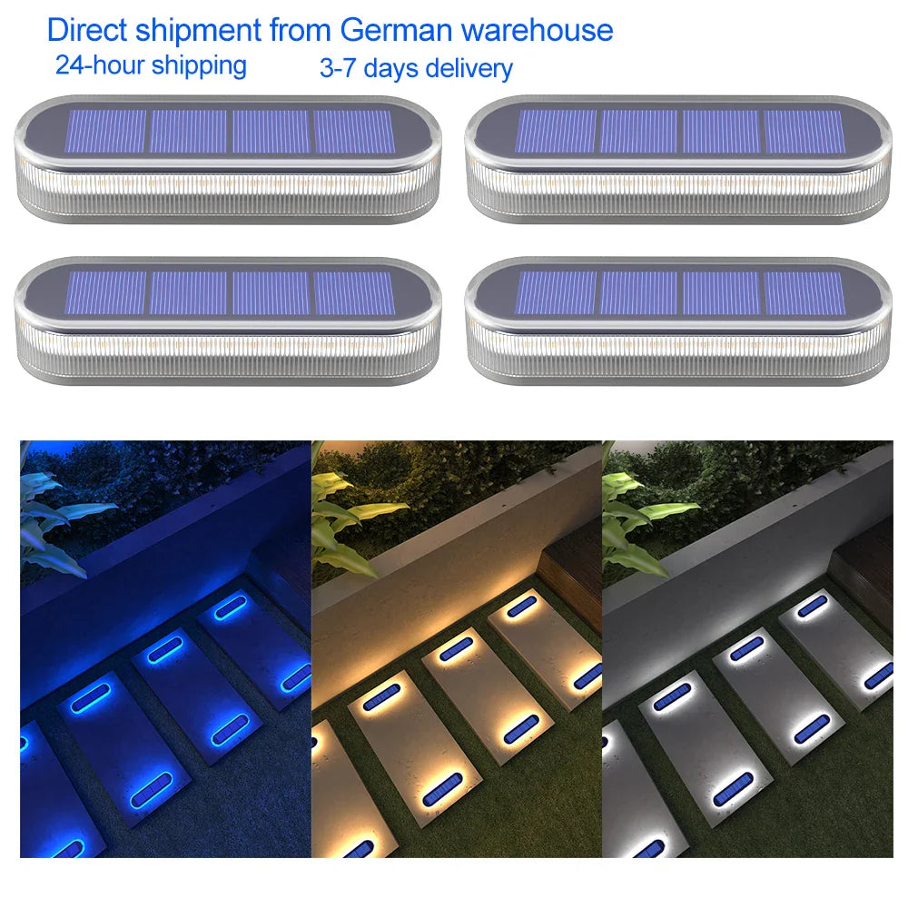 Stellora Solarlicht | 360° LED Stufenbeleuchtung | IP68 | Warm-/Kaltweiß/Blau | 10h Laufzeit