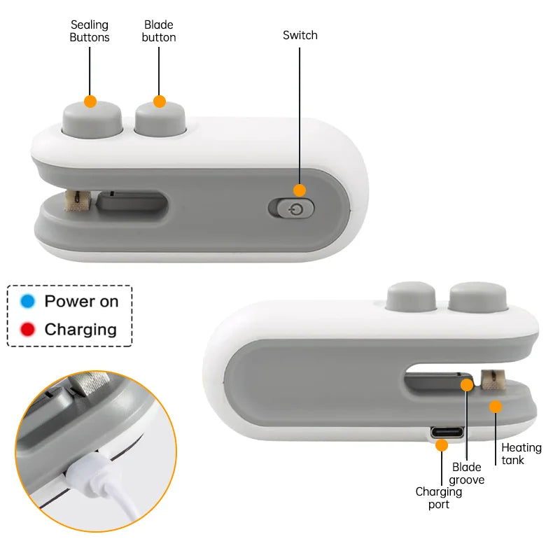 Packiva | Mini-Folienschweißer | 2-in-1 Cutter & USB-Akku | Für Chips, Snacks & Haushalt
