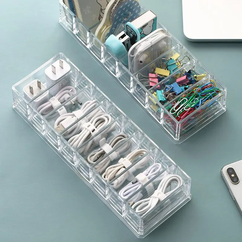 TechSort | Kabelorganizer 7-Fach | Transparentes Design für Ladekabel & Zubehör | 26×5,5×11 cm